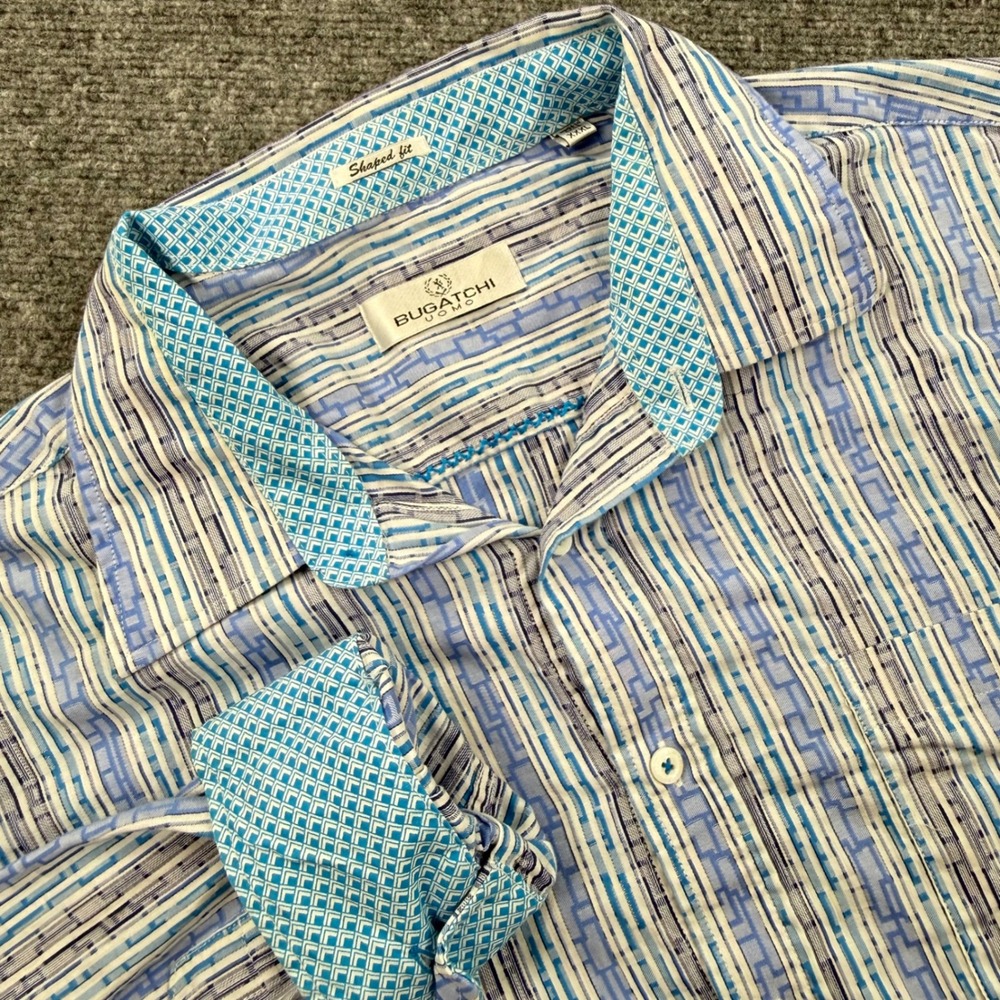 Bugatchi Uomo Button Up Shirt‎ XXXL Blue Geometric Stripe Shaped Fit Mens